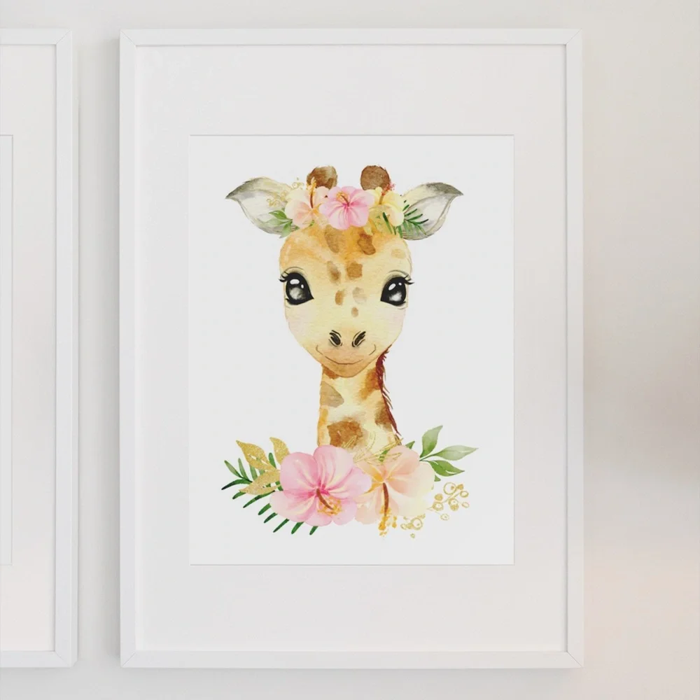 Cute Floral Giraffe Watercolor Wall Art Print Poster Unframed - Picture 4 of 15